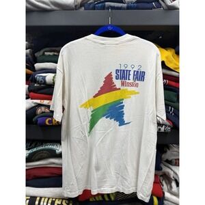 Vintage Winston L State Fair 1992 Tee White w Pocket Multicolor Star‎ on Back